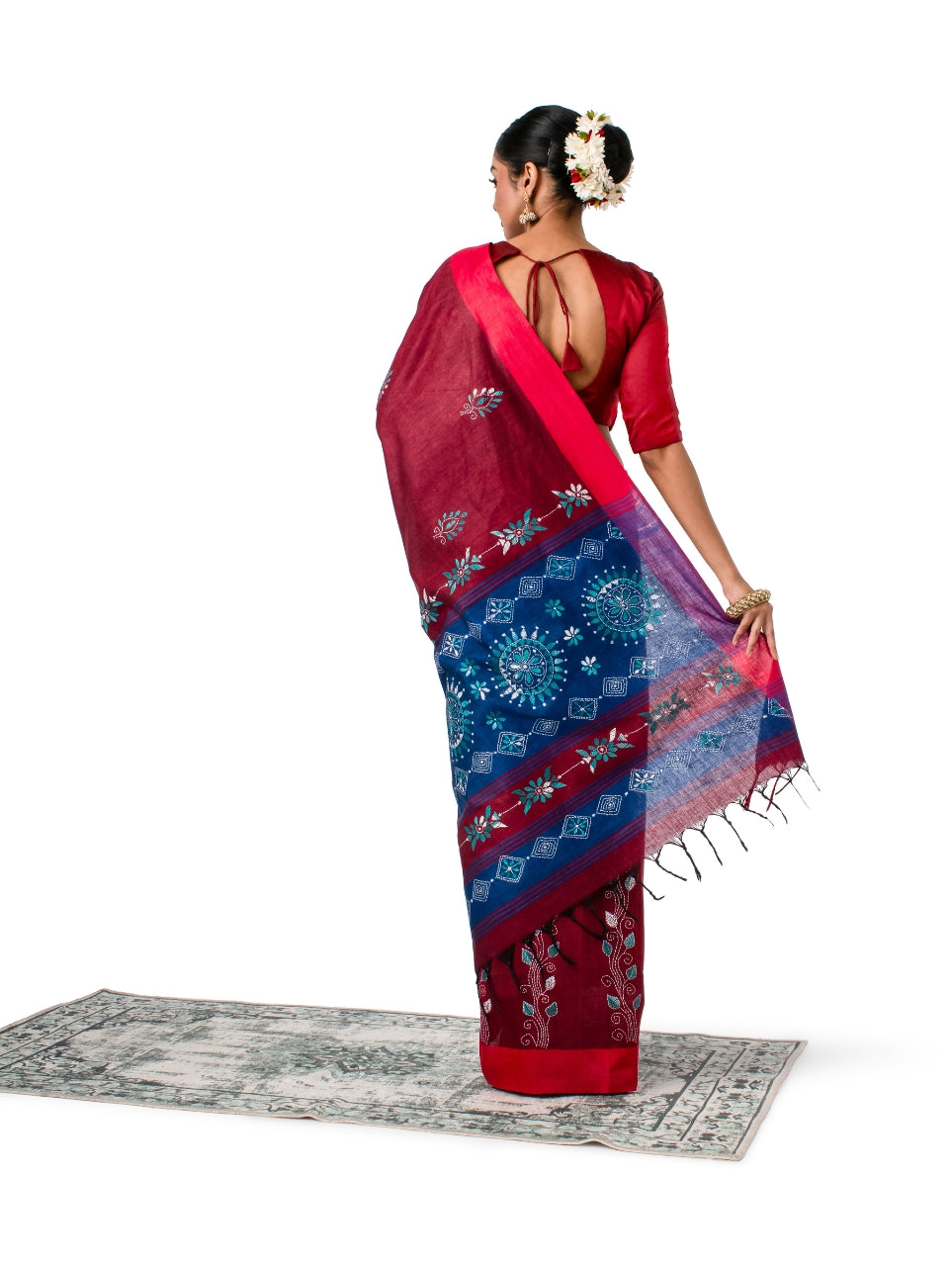 Maroon and Blue Exquisite Khadi Kantha Stitched Saree