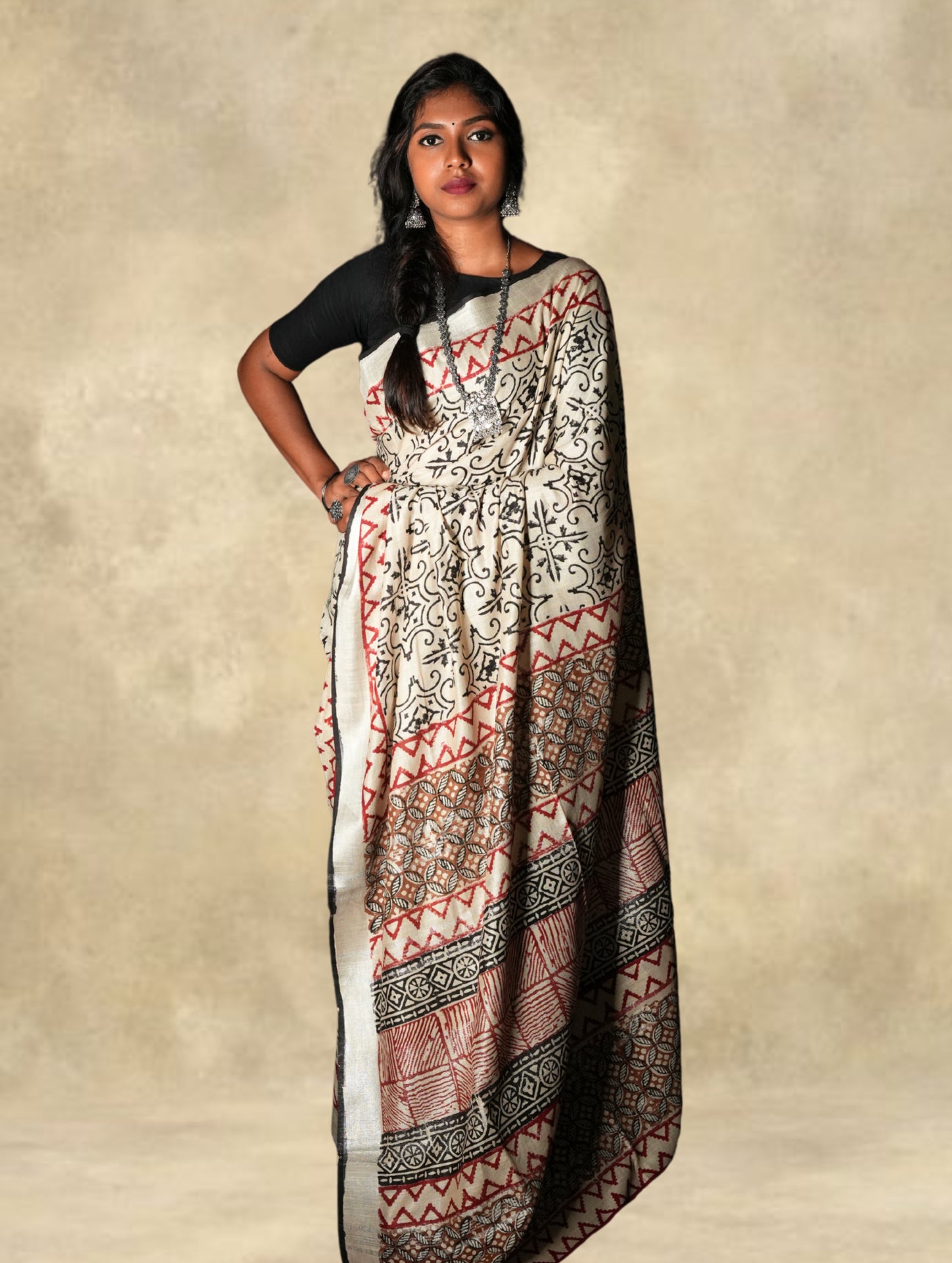 Cotton Linen Saree with Bagru Prints