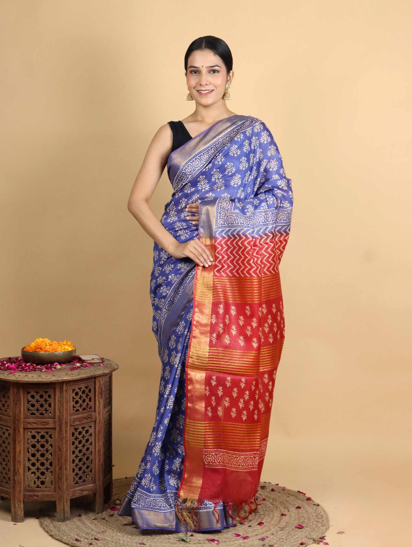 Blue and Red Baffta Tussar Block Printed Saree