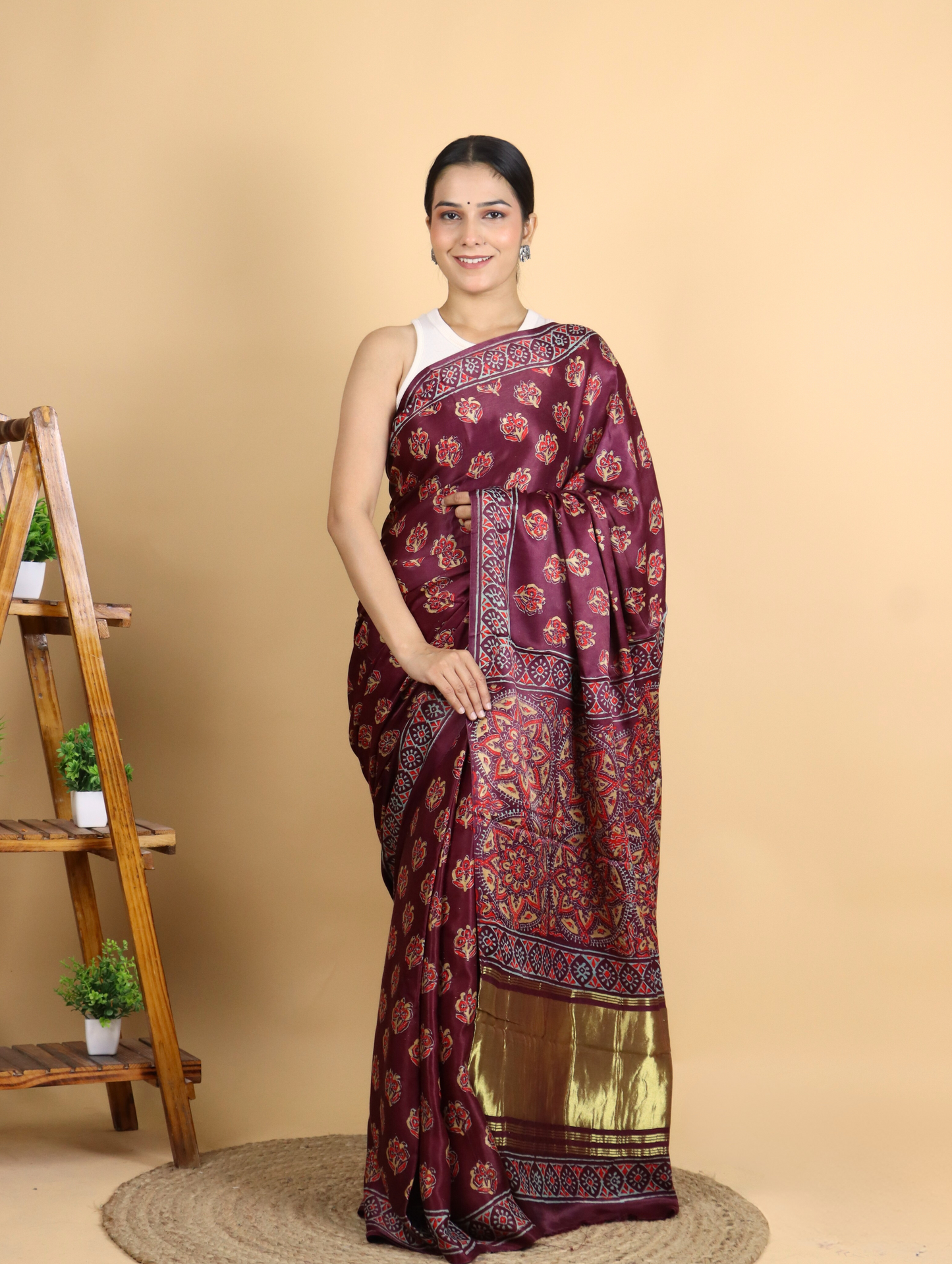Maroon Ajrak Block Printed Saree