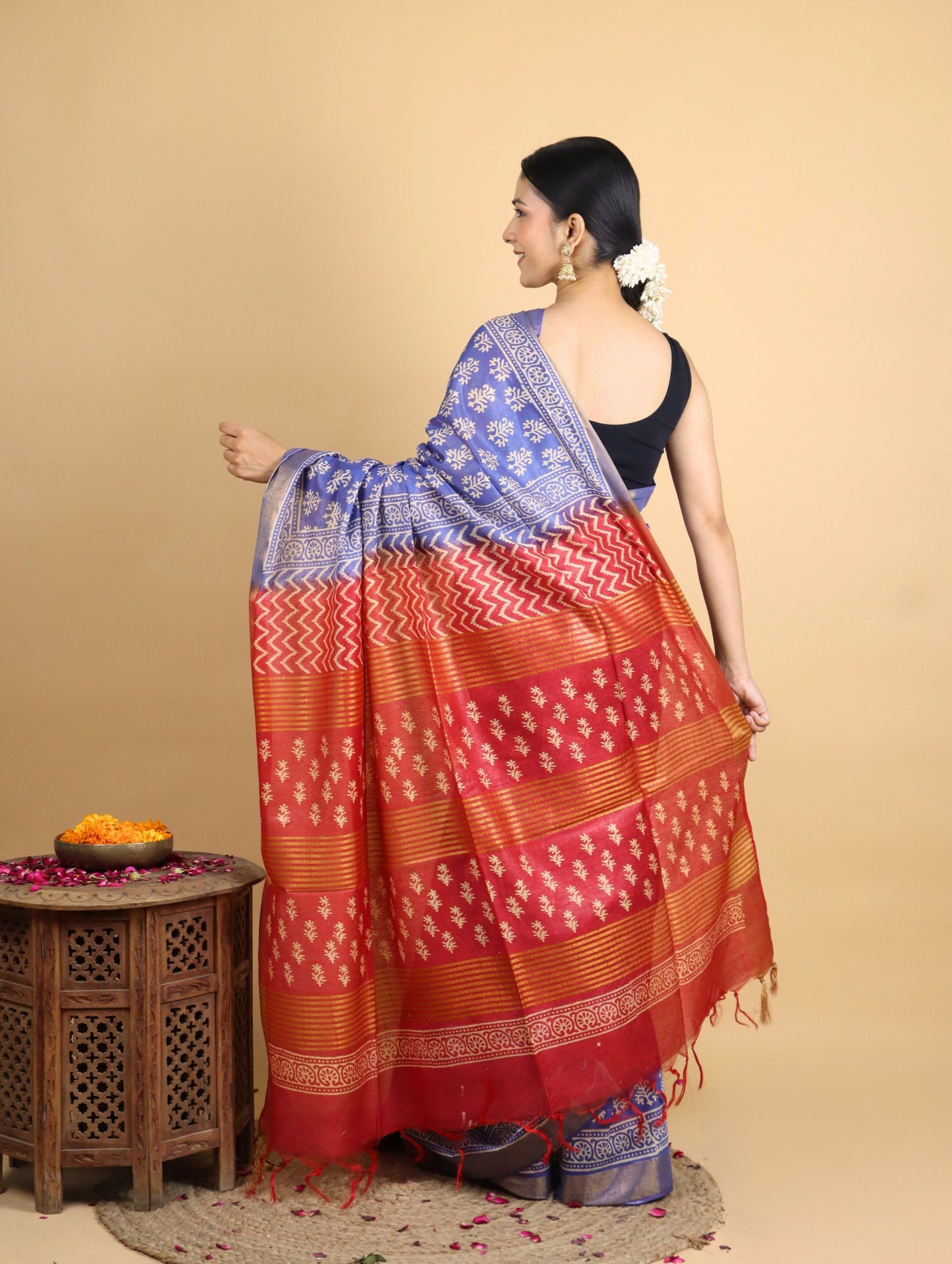 Blue and Red Baffta Tussar Block Printed Saree