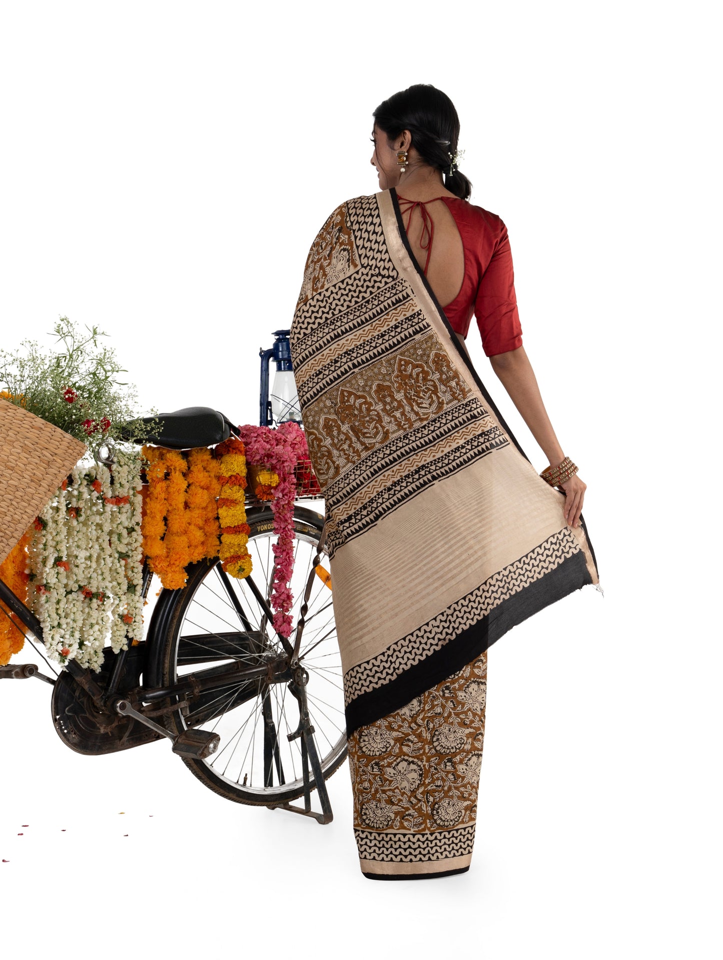 Beige and Mehandi Green Art Silk Crepe with Floral Bagru BlockPrinted Saree