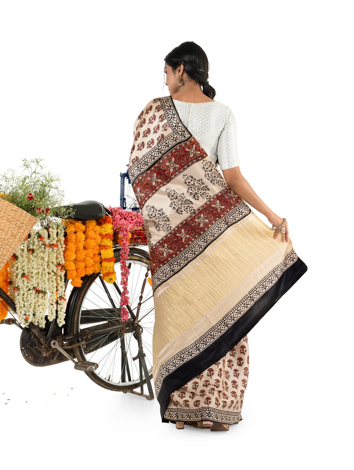 Brown and Beige Floral Gajji Silk Bagru Printed Saree