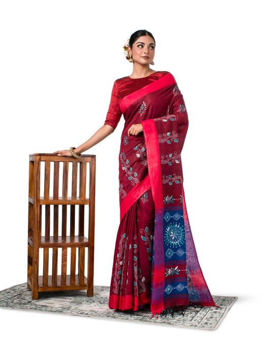 Maroon and Blue Exquisite Khadi Kantha Stitched Saree