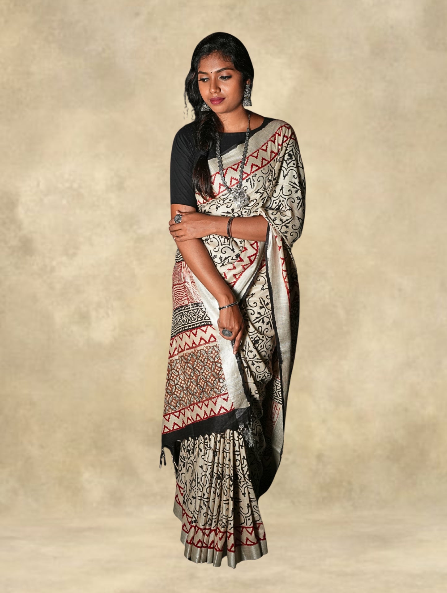 Cotton Linen Saree with Bagru Prints