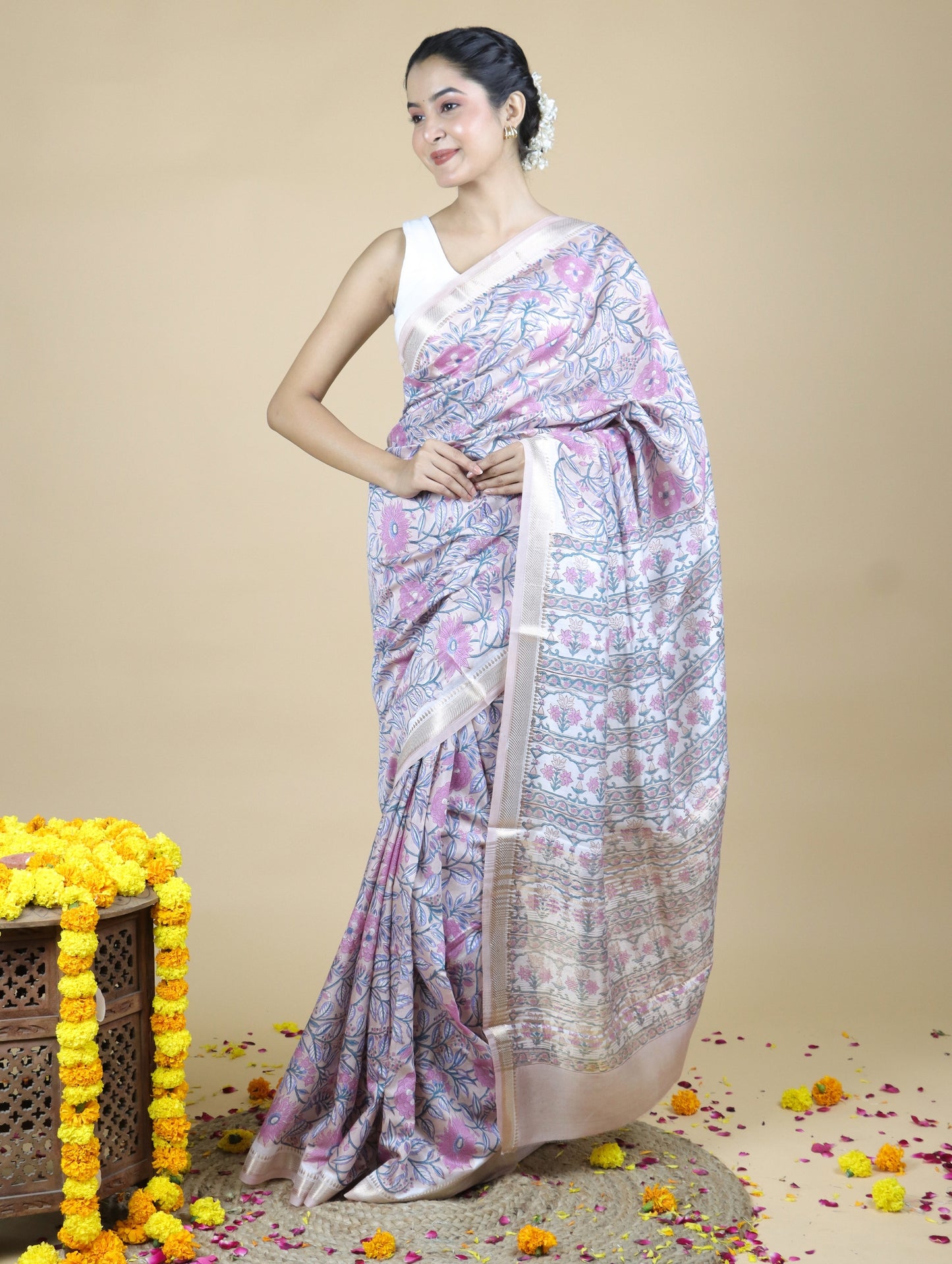 Lilac Blended Maheshwari Silk With Sanganeri Block Prints