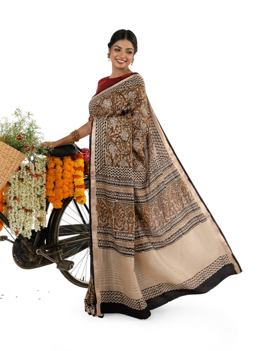 Beige and Mehandi Green Art Silk Crepe with Floral Bagru BlockPrinted Saree