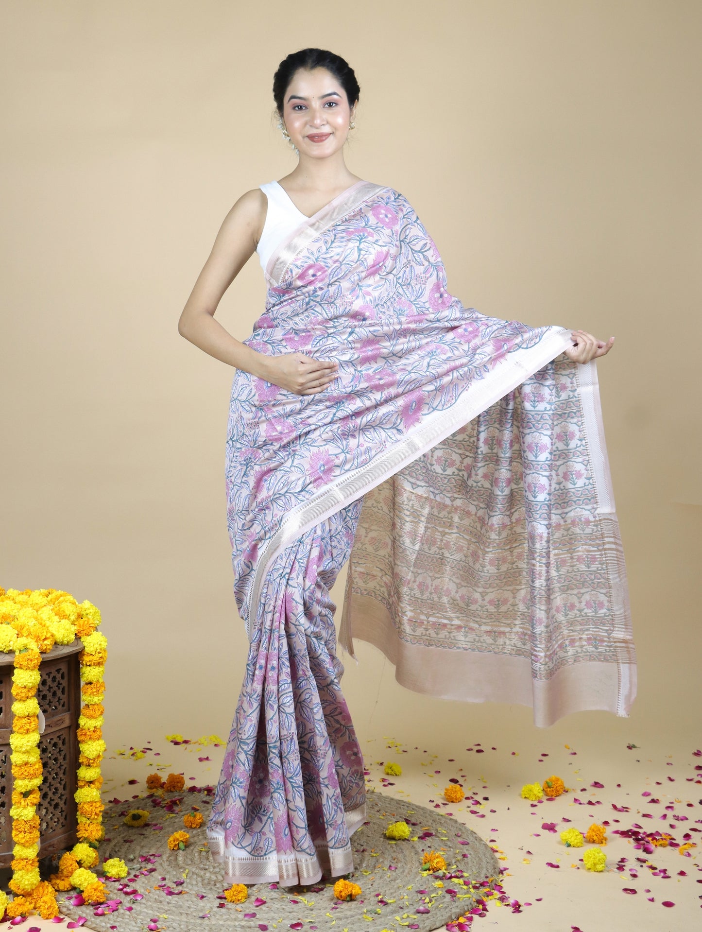 Lilac Blended Maheshwari Silk With Sanganeri Block Prints