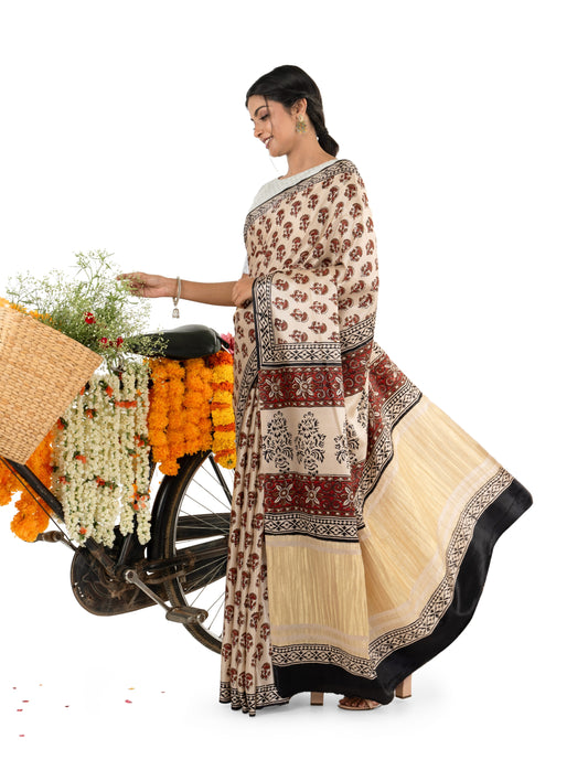 Brown and Beige Floral Gajji Silk Bagru Printed Saree