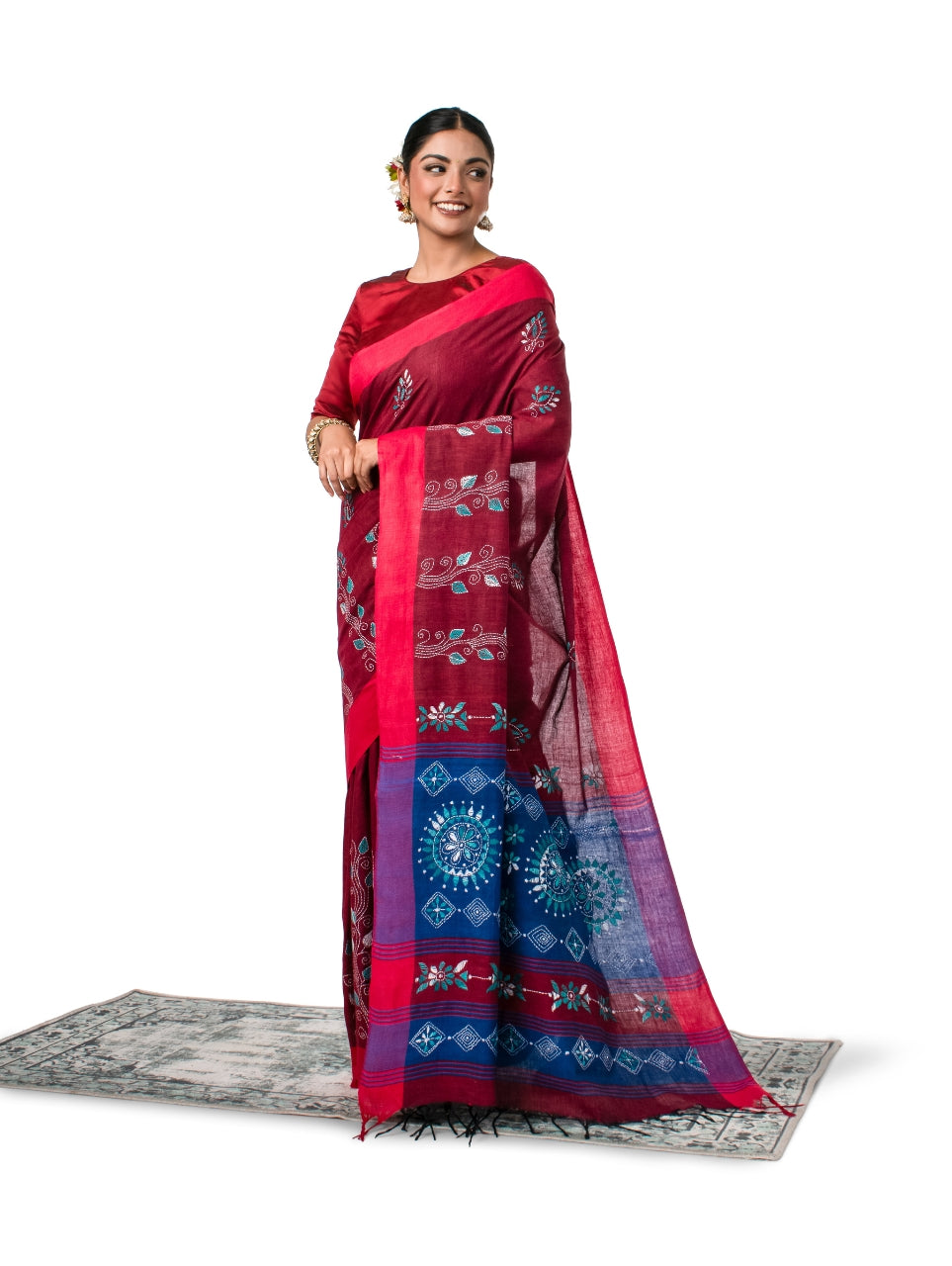 Maroon and Blue Exquisite Khadi Kantha Stitched Saree