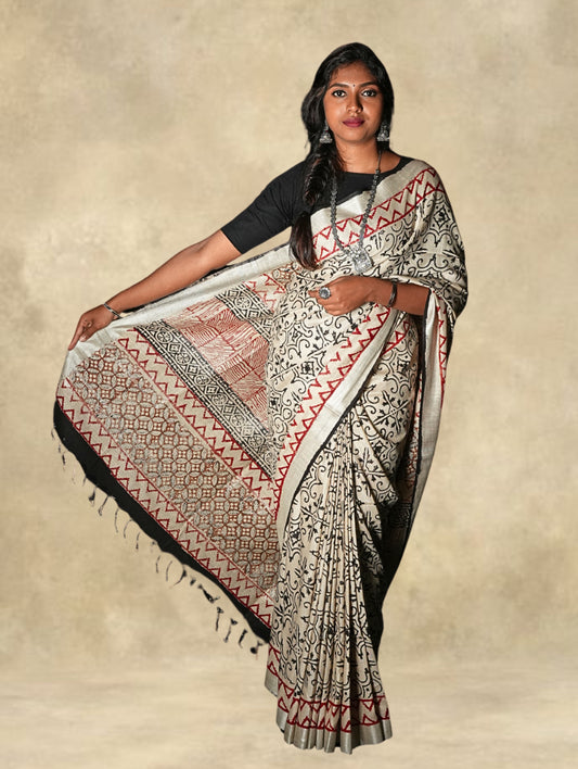 Cotton Linen Saree with Bagru Prints