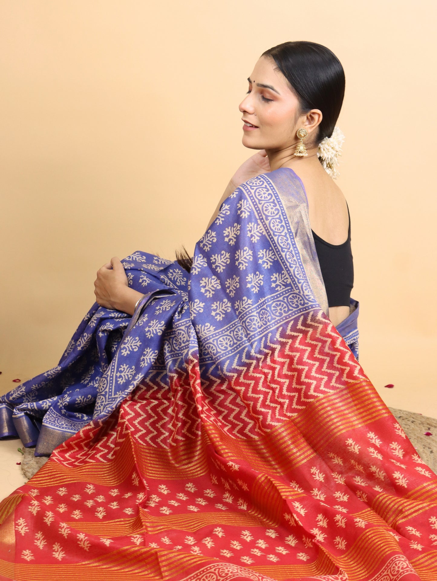 Blue and Red Baffta Tussar Block Printed Saree