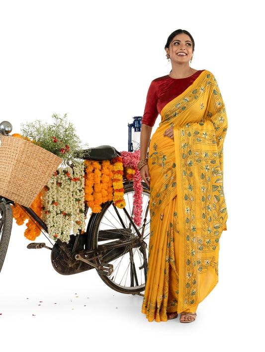 Yellow Multicoloured Exquisite Kantha Stitched Saree