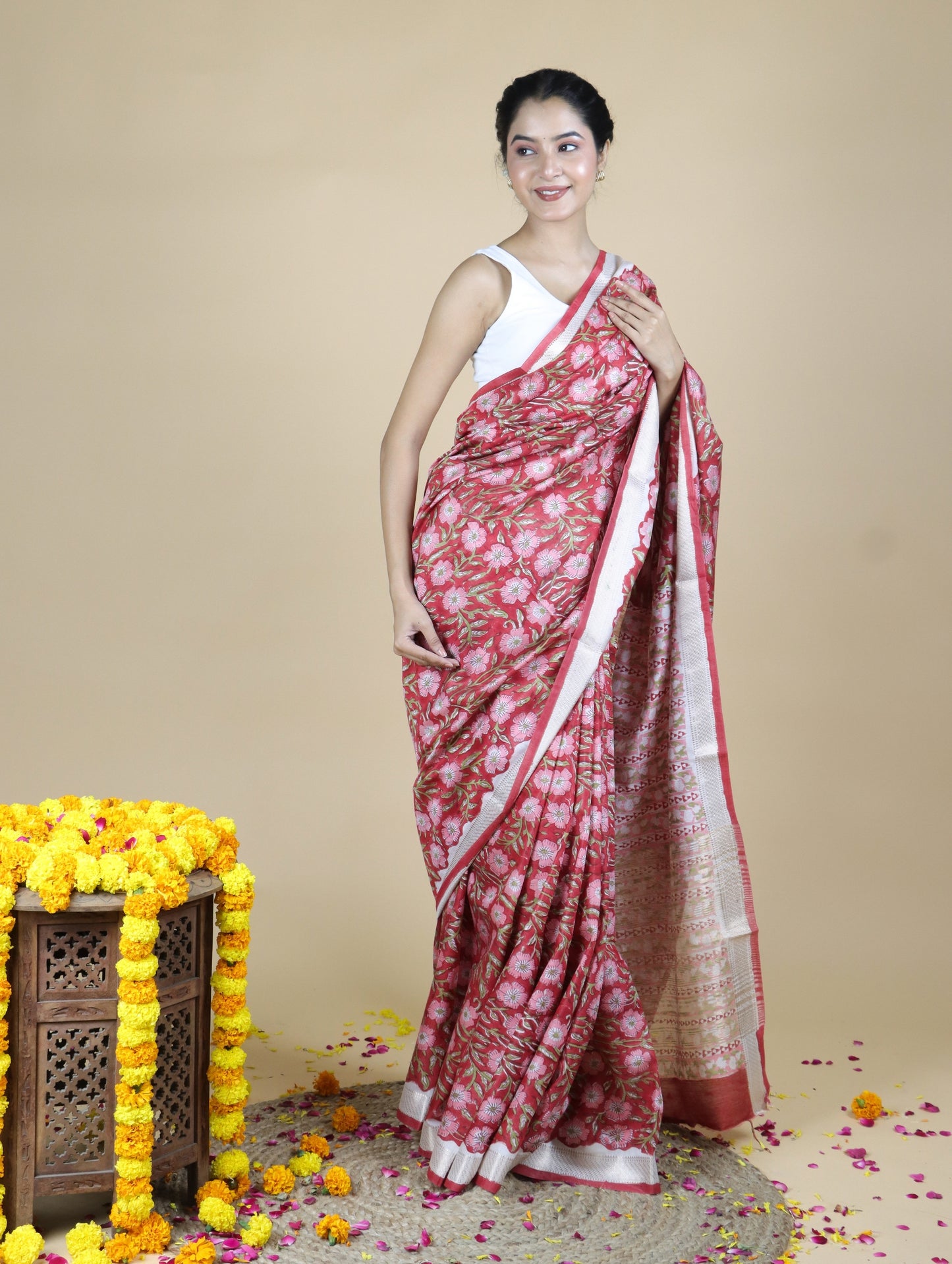 Red Blended Maheshwari Silk With Sanganeri Block Prints