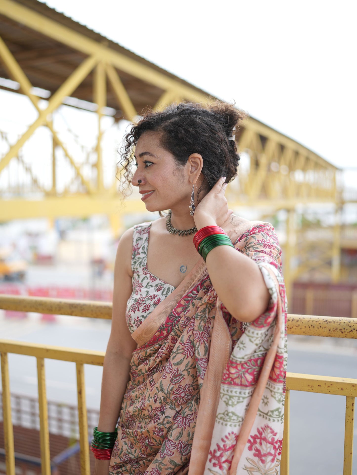 Rose Gold Blended Maheshwari Silk With Sanganeri Block Prints