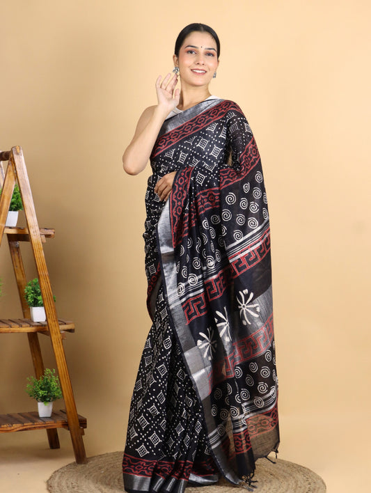 Black Cotton Linen Block Printed Saree with Diamond Motifs