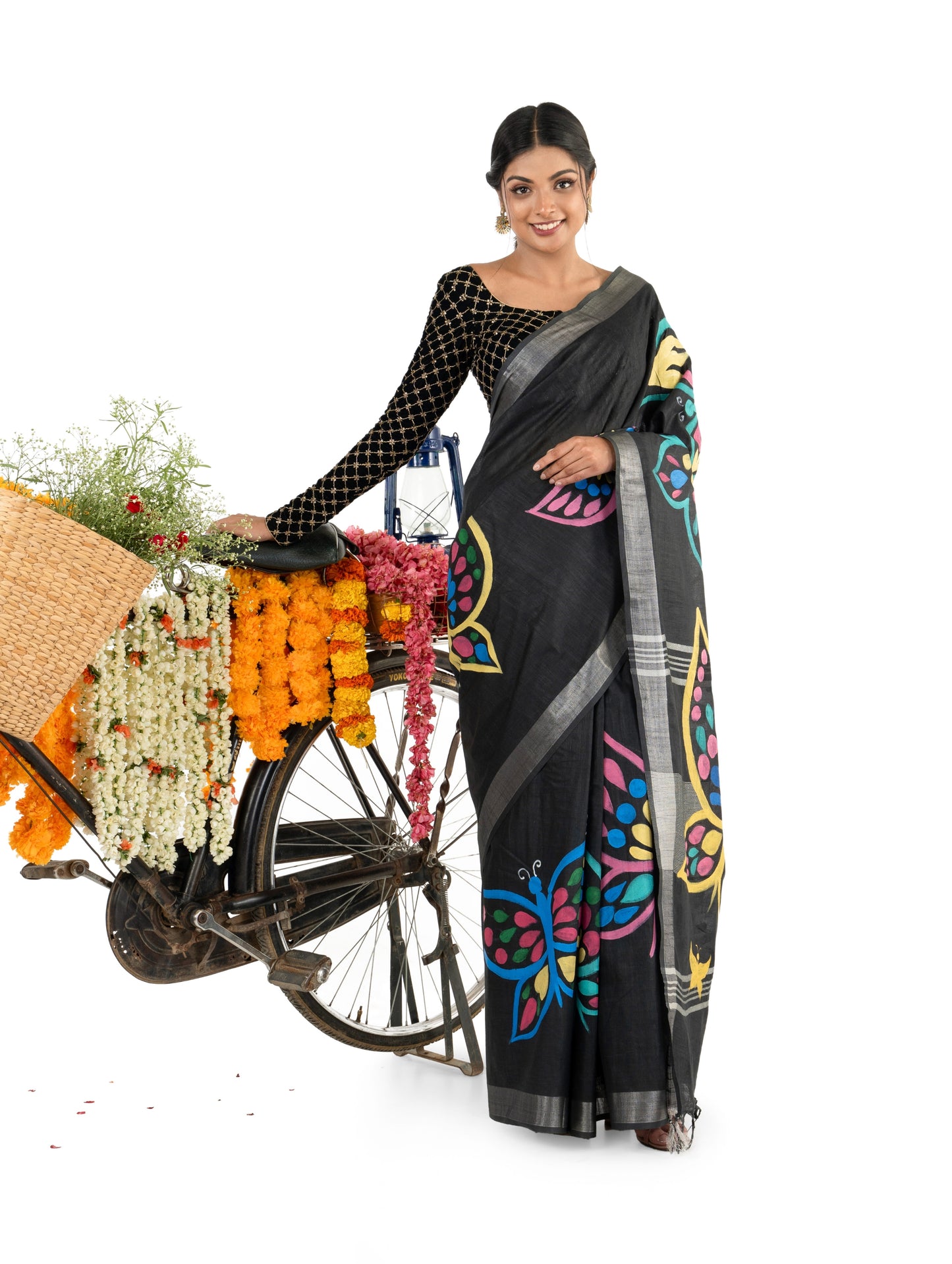 Black Cotton Linen All over HandPainted Saree