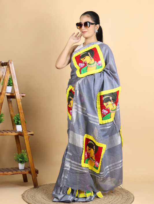 Grey Cotton Linen Saree with Applique Painting