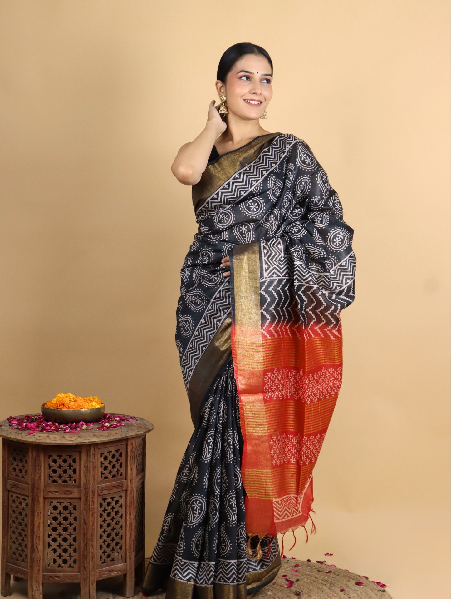 Black and Orange Baffta Tussar Block Printed Saree
