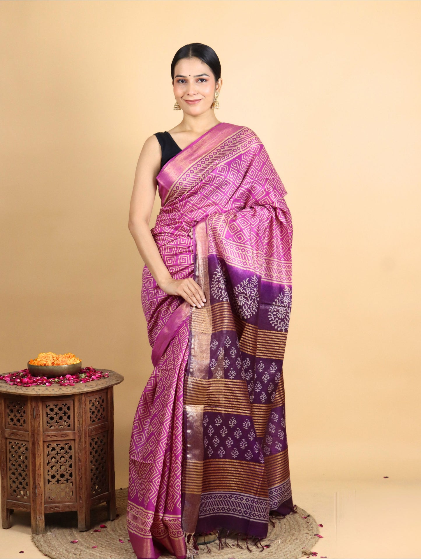 Dark Pink and Plum Baffta Tussar Block Printed Saree