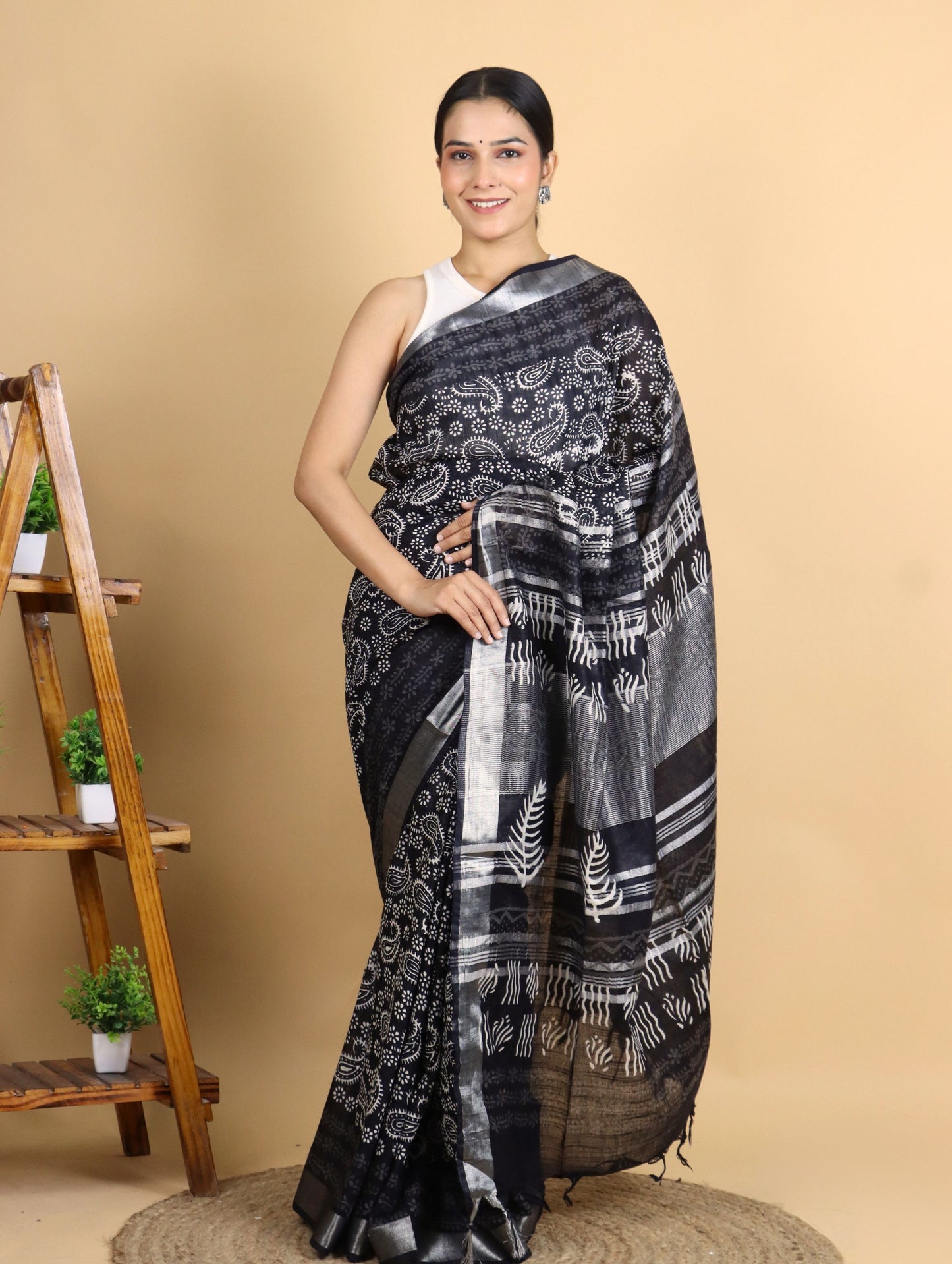 Black Cotton Linen Block Printed Saree with Mango Motifs