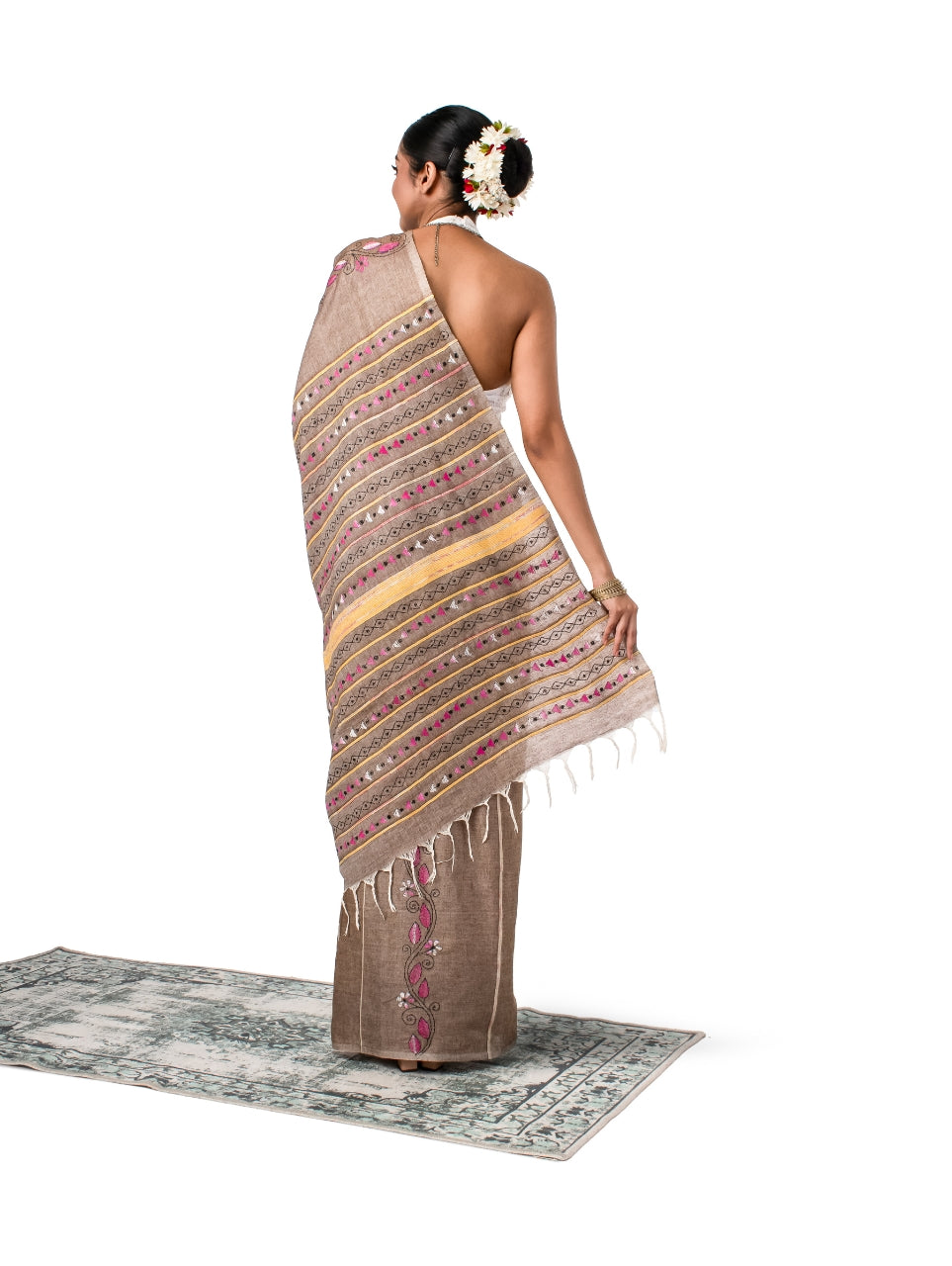 Light Brown Exquisite Khesh Kantha Stitched Saree