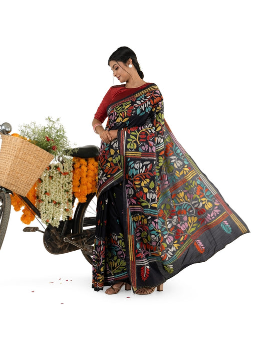 Black Multicoloured Exquisite Kantha Stitched Saree