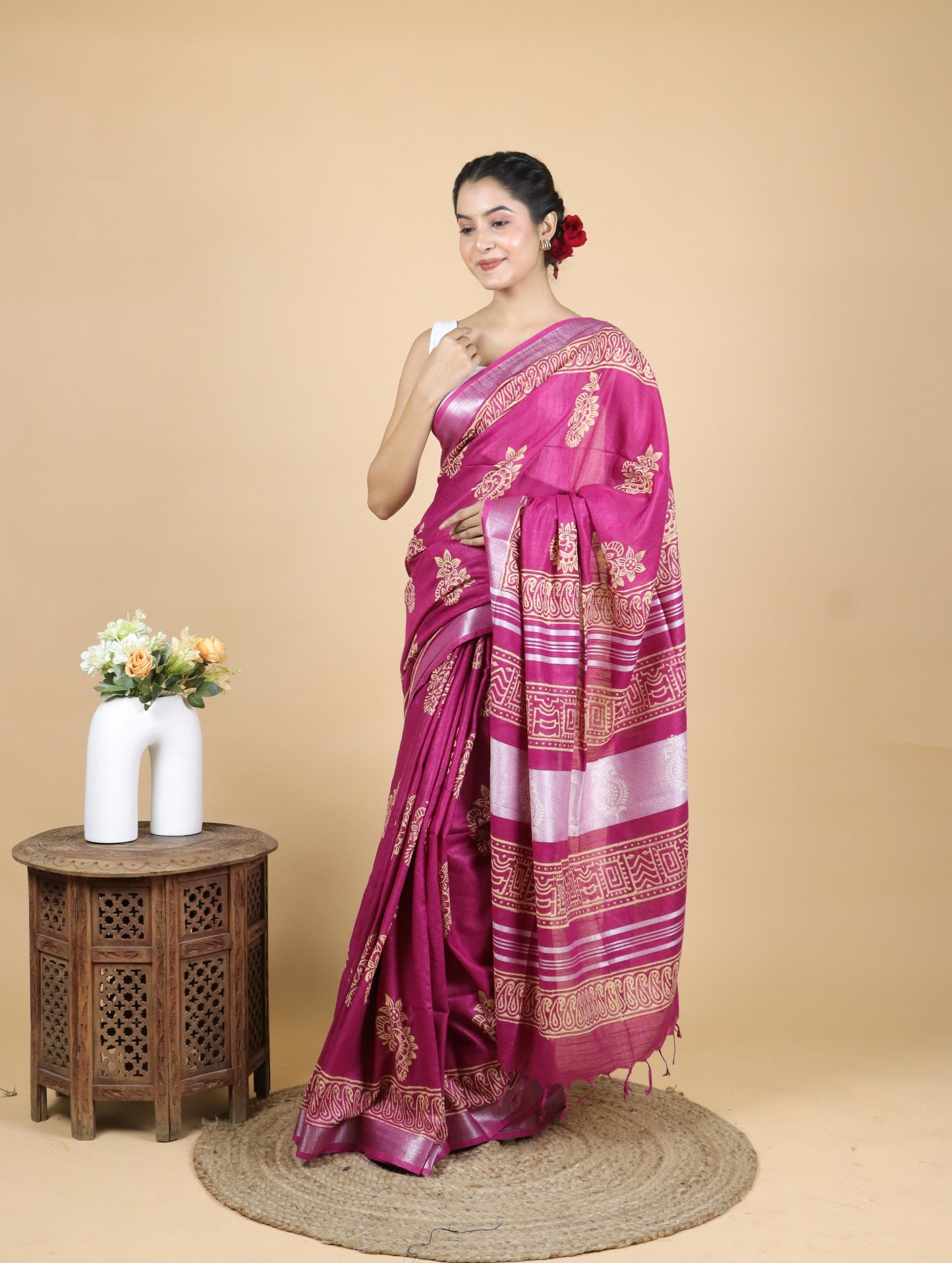 Beautiful Pink Hand Block Printed Cotton Linen Saree