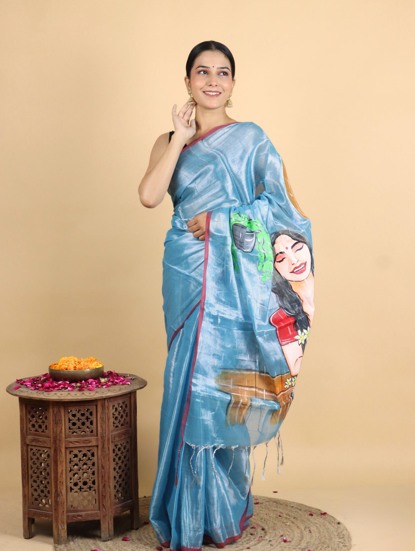 Raaga Blue Coloured Tissue Hand Painted Saree