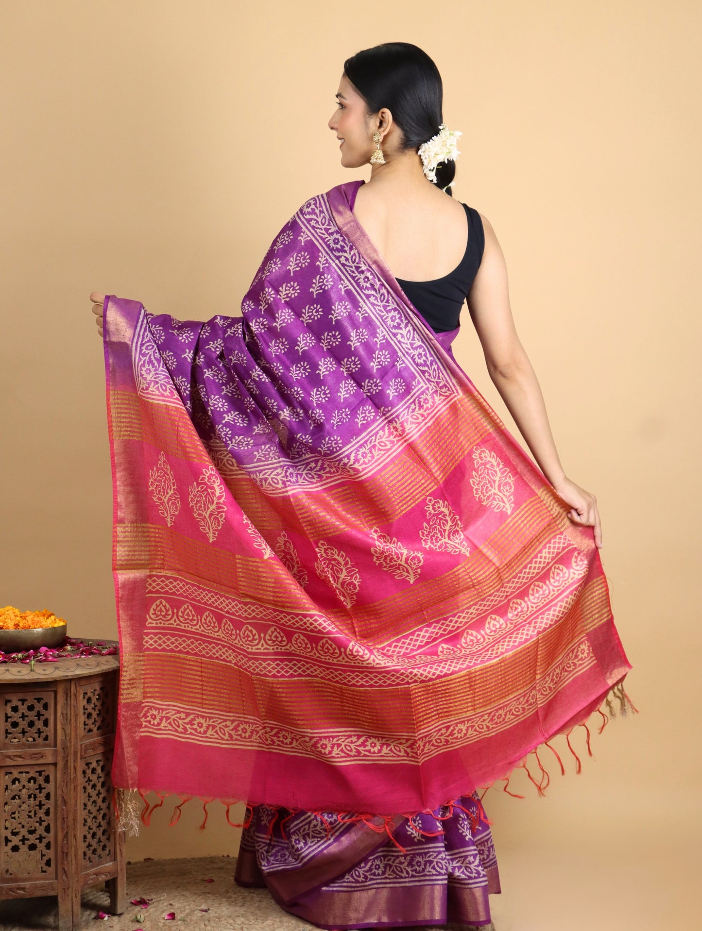 Purple and Pink Baffta Tussar Block Printed Saree