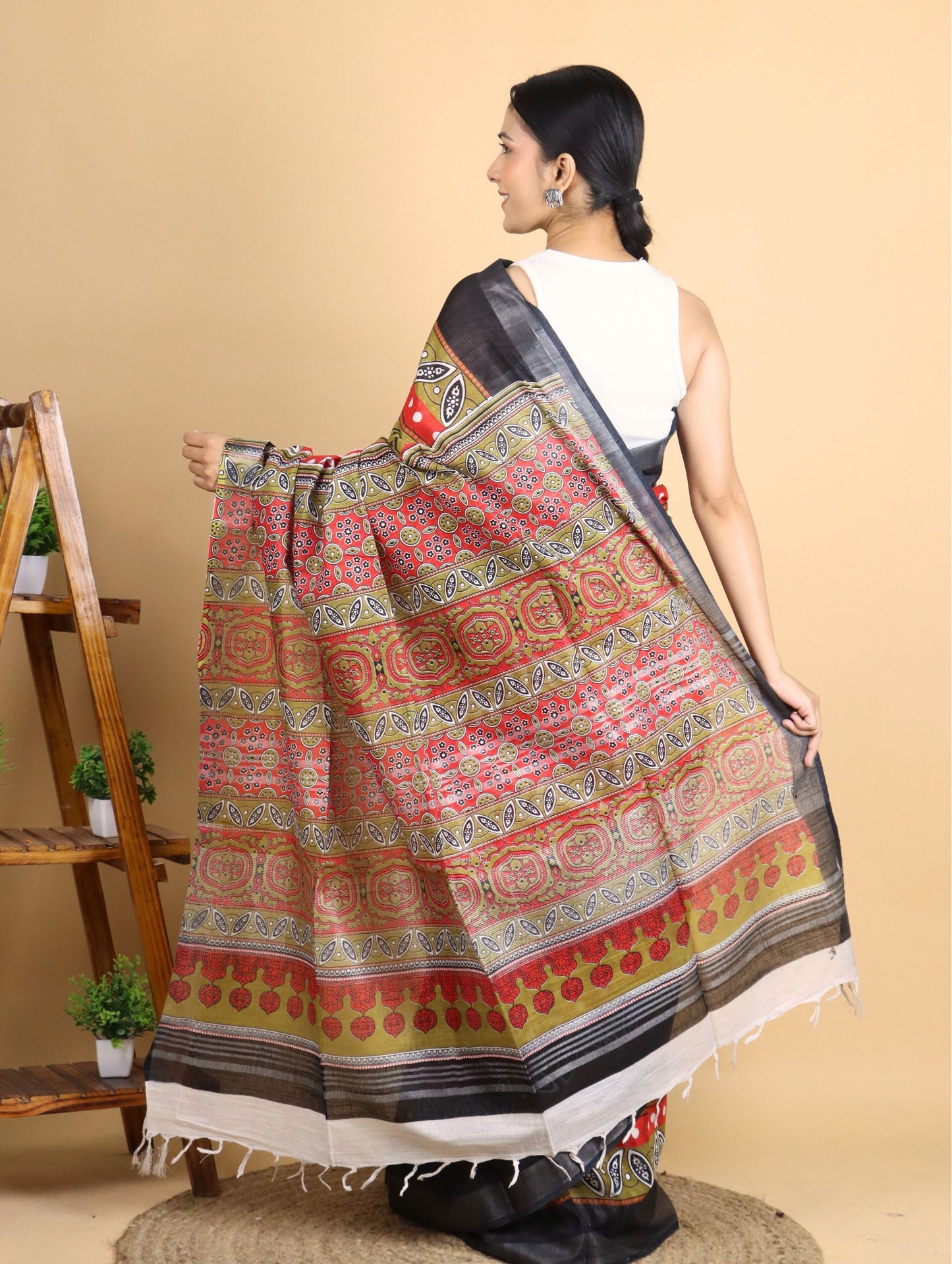 Multicolored Cotton Linen Block Printed Saree