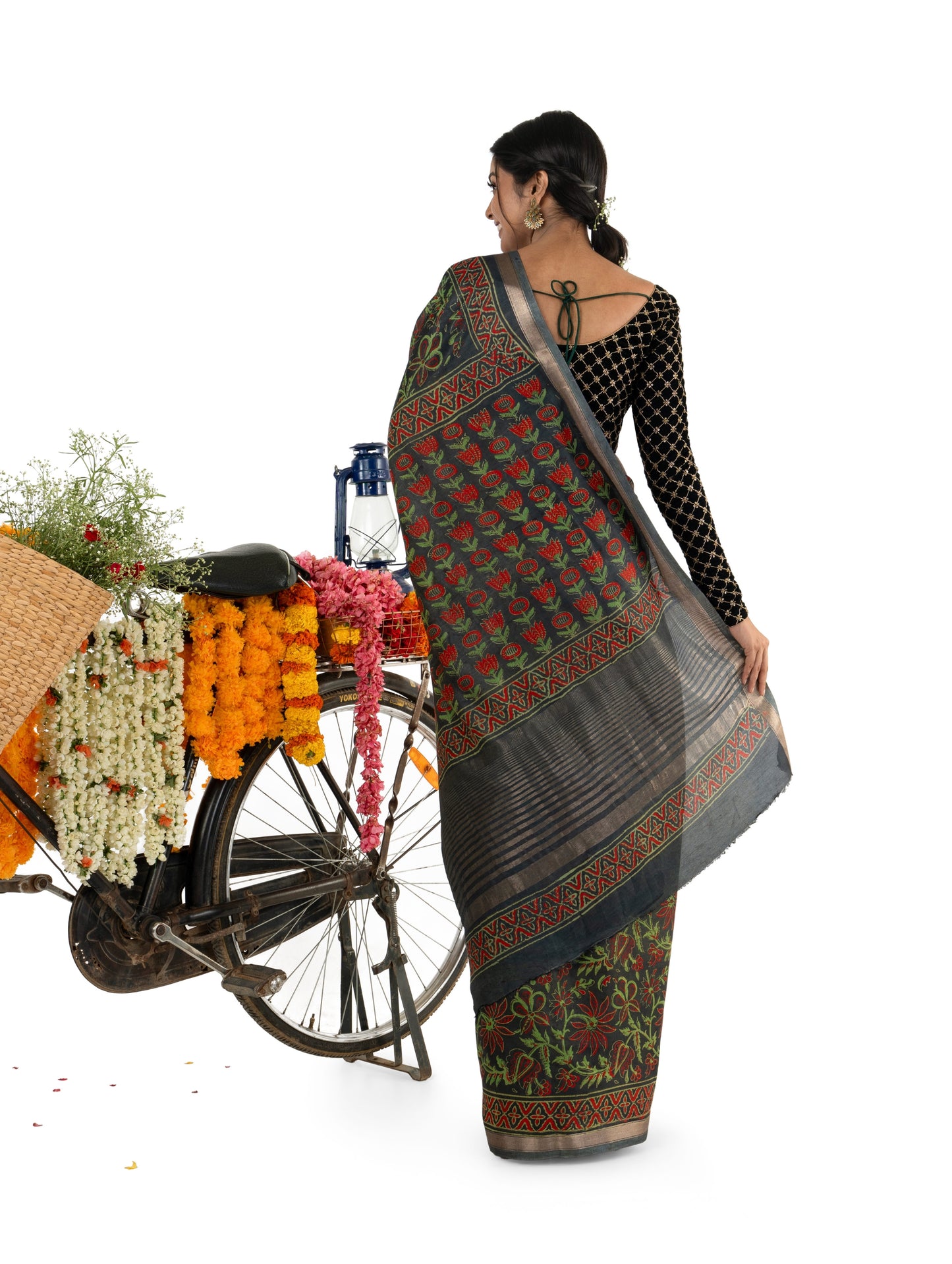 Dark Green Art Silk Crepe with all Over Floral Naptol BlockPrinted Saree