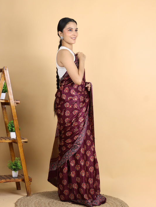 Maroon Ajrak Block Printed Saree