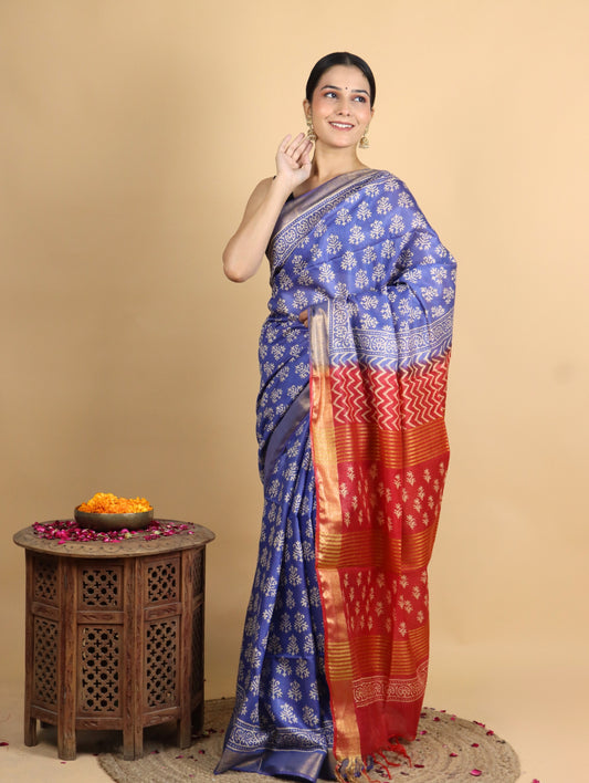 Blue and Red Baffta Tussar Block Printed Saree