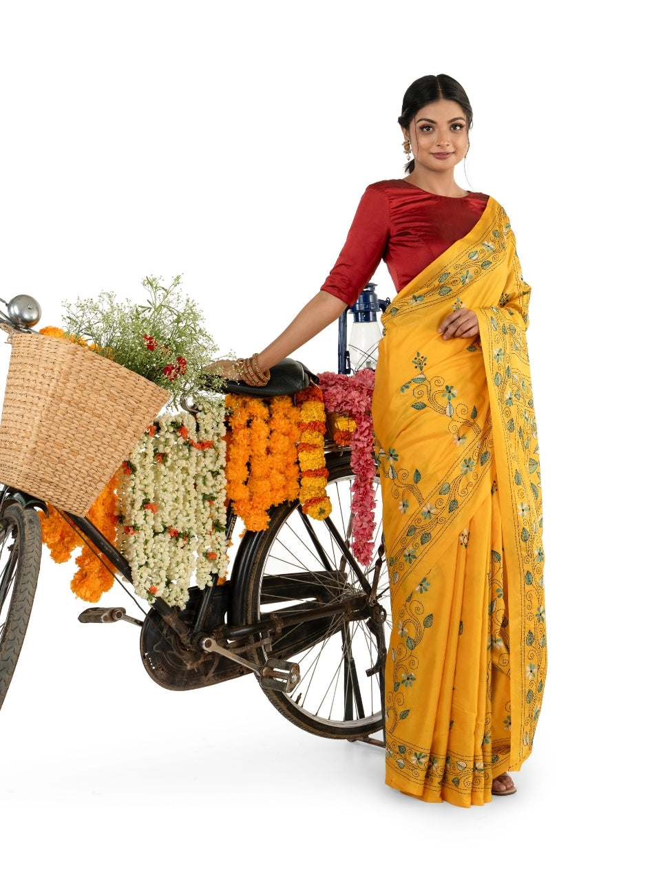 Yellow Multicoloured Exquisite Kantha Stitched Saree