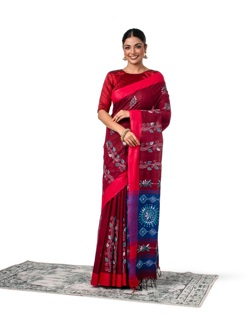Maroon and Blue Exquisite Khadi Kantha Stitched Saree