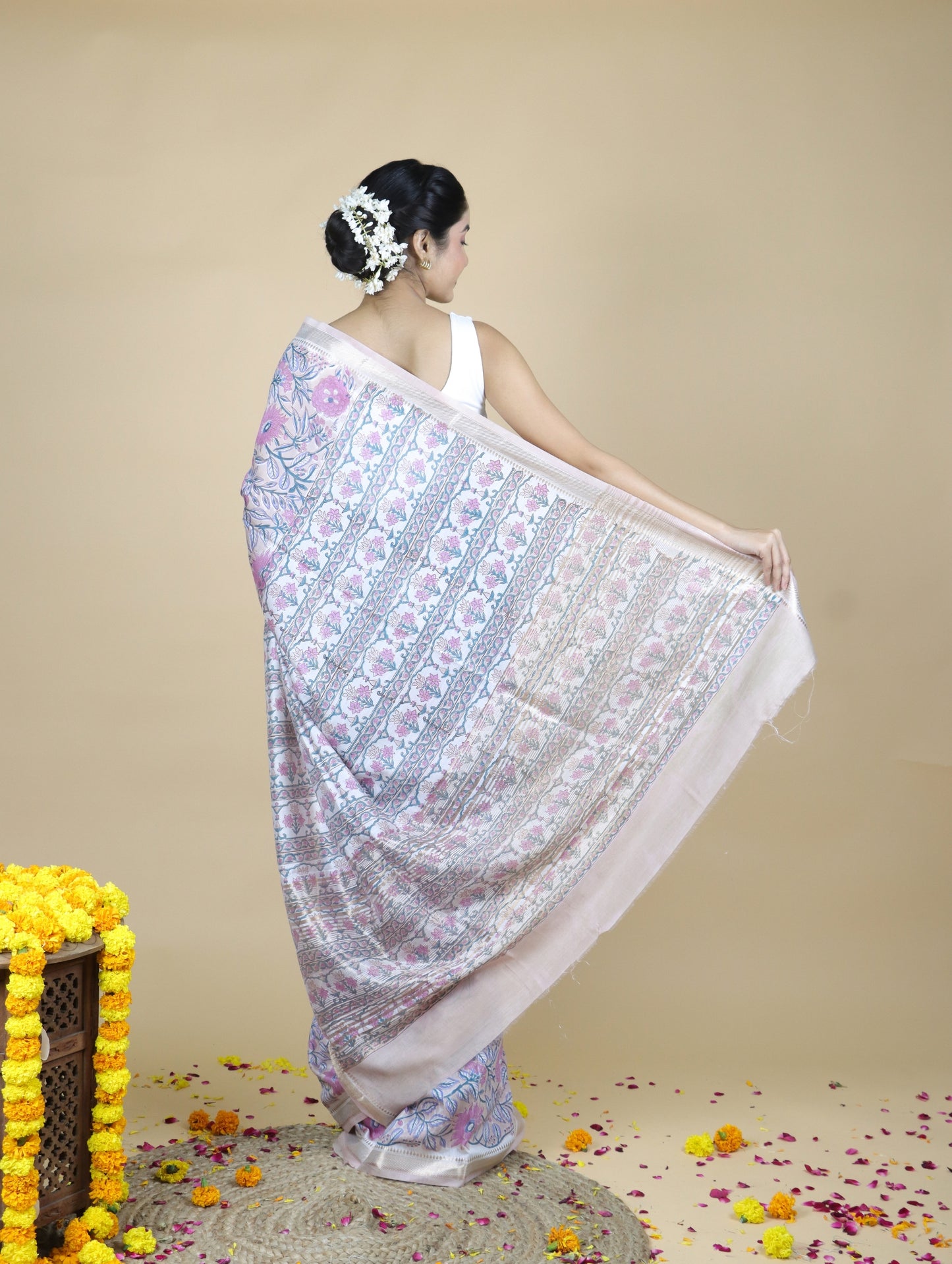 Lilac Blended Maheshwari Silk With Sanganeri Block Prints