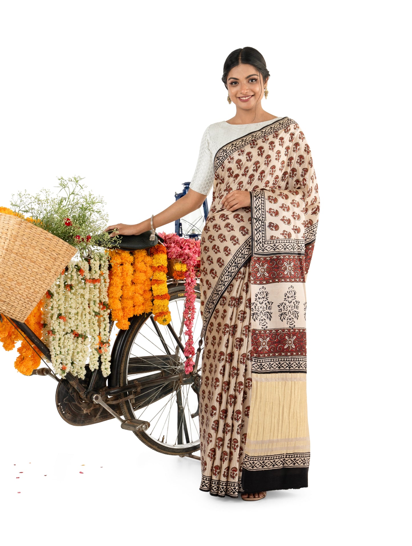 Brown and Beige Floral Gajji Silk Bagru Printed Saree