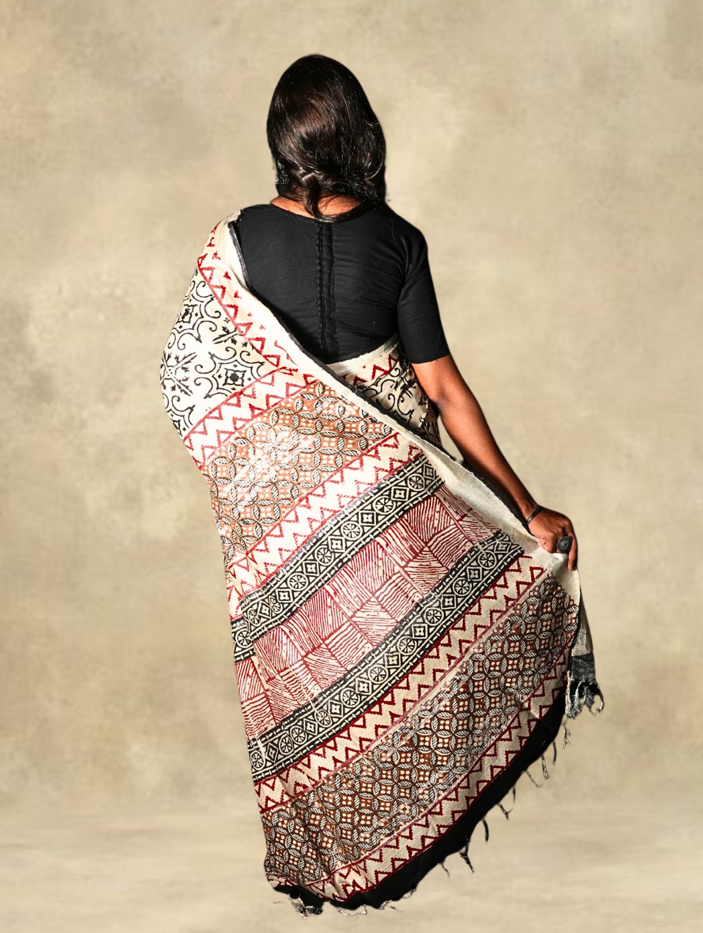 Cotton Linen Saree with Bagru Prints