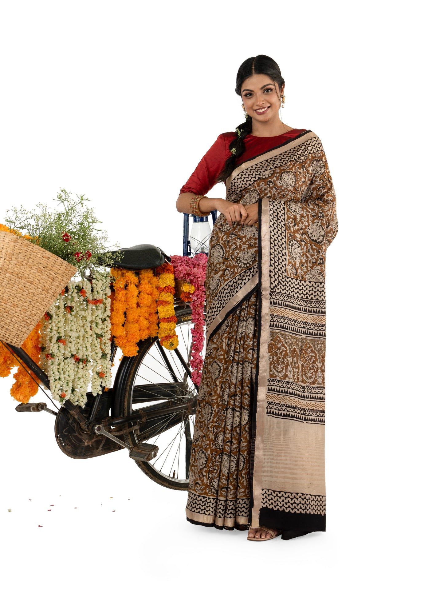 Beige and Mehandi Green Art Silk Crepe with Floral Bagru BlockPrinted Saree