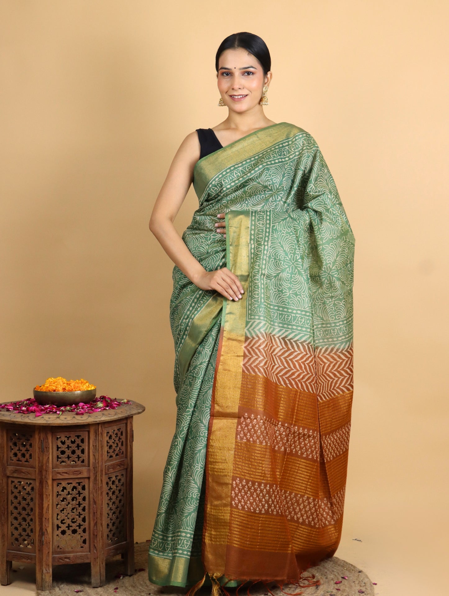 Green and Brown Baffta Tussar Block Printed Saree