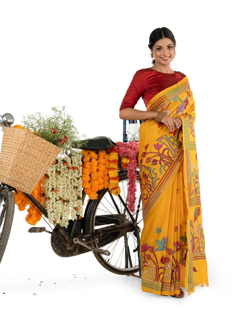 Yellow Multicoloured Floral Kantha Stitched Saree