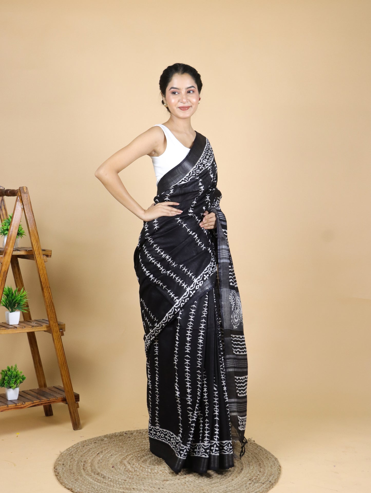 Black Hand Block Printed Cotton Linen Saree