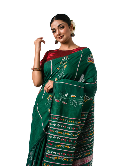 Bottle Green Exquisite Khesh Kantha Stitched Saree