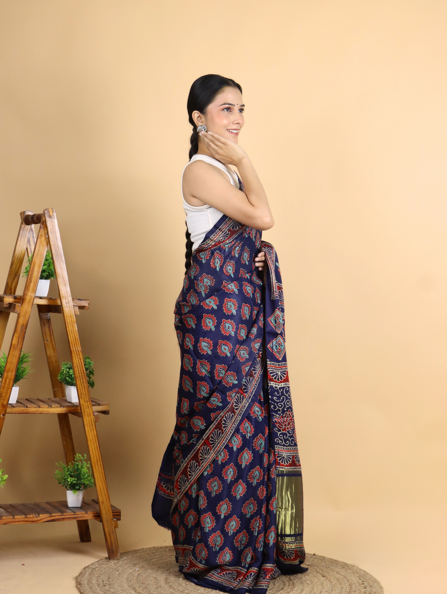 Bright Blue and Maroon Ajrak Block Printed Modal Silk Saree