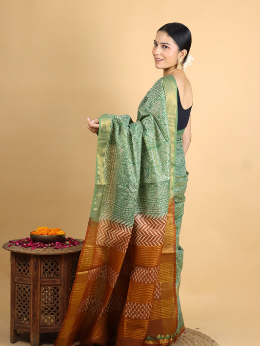 Green and Brown Baffta Tussar Block Printed Saree