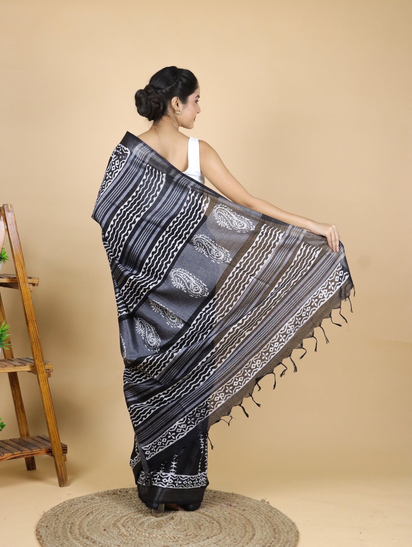 Black Hand Block Printed Cotton Linen Saree