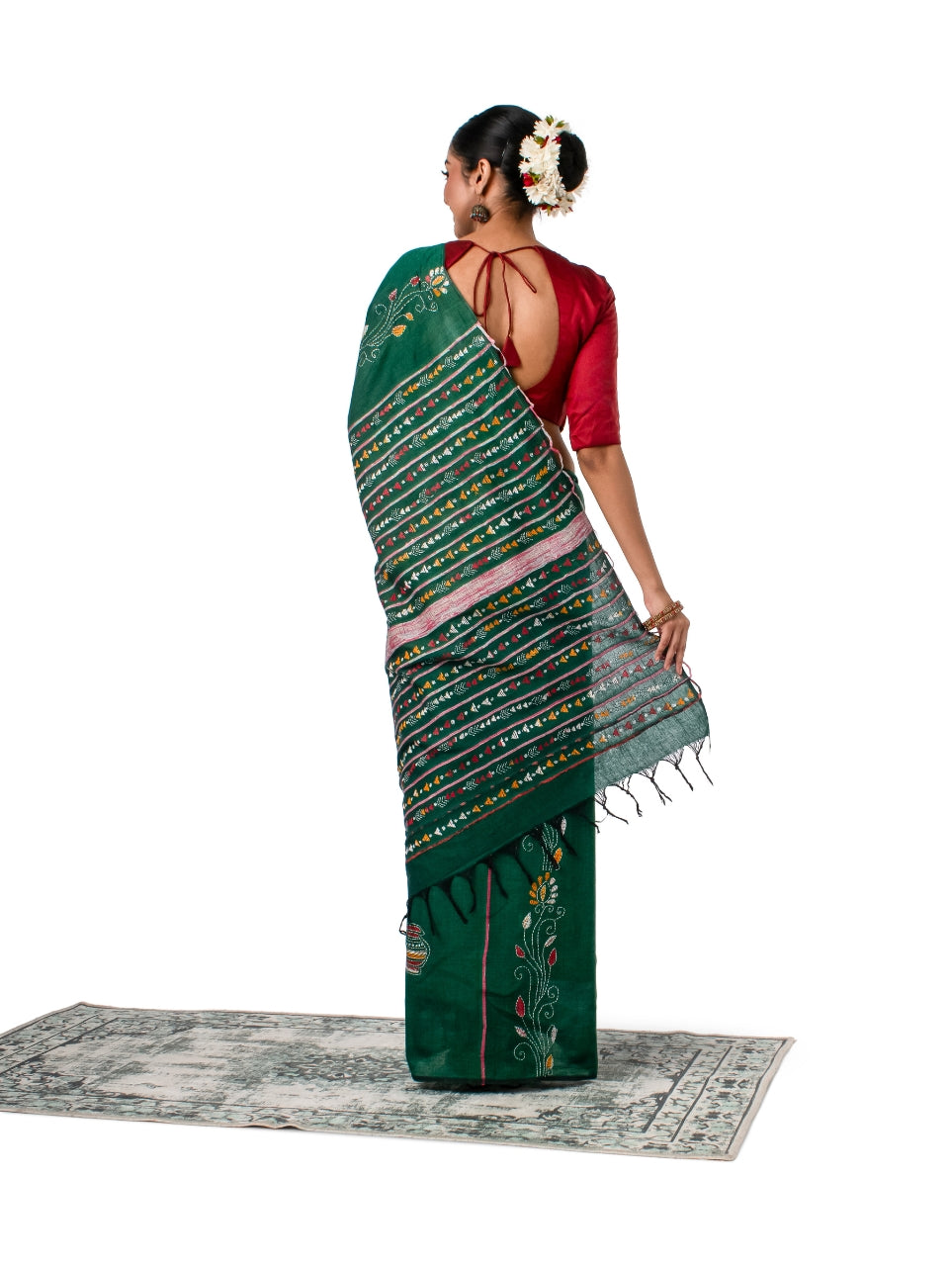 Bottle Green Exquisite Khesh Kantha Stitched Saree