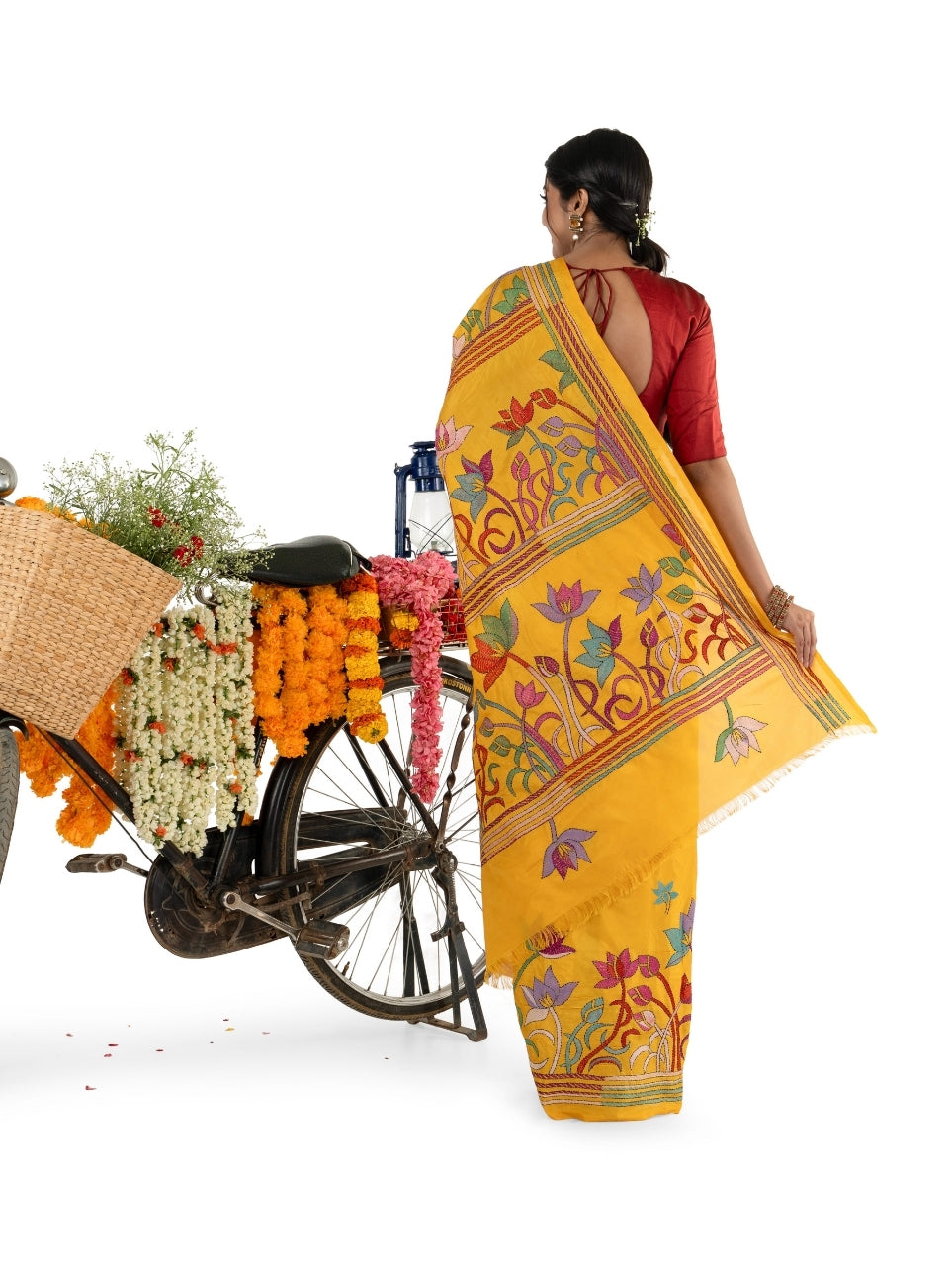 Yellow Multicoloured Floral Kantha Stitched Saree