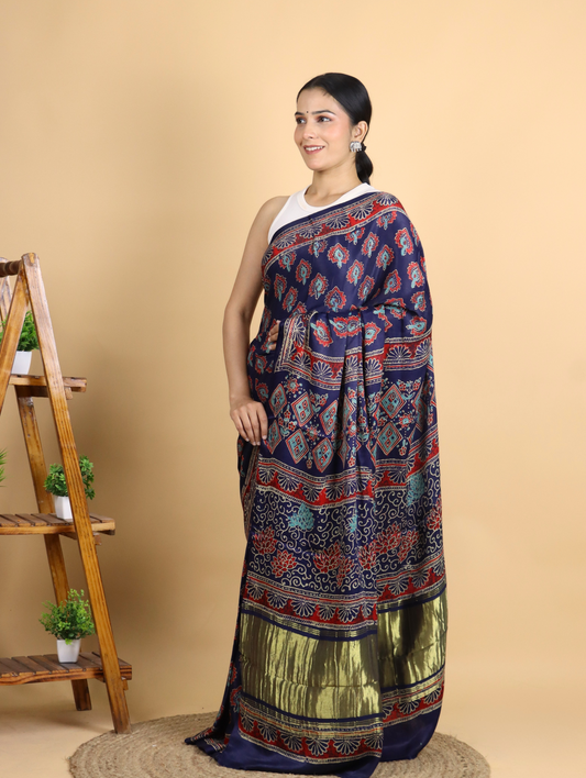 Bright Blue and Maroon Ajrak Block Printed Modal Silk Saree